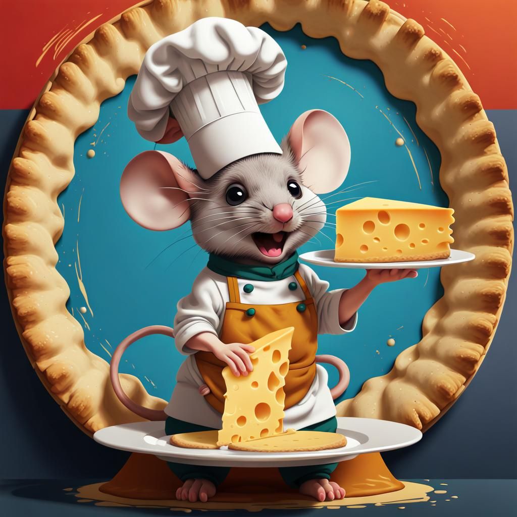 Cute Chef Mouse Enjoying Cheese Pie: Digital Pop Art