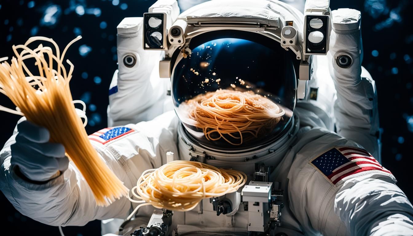 Astronaut and Floating Spaghetti in Space Station