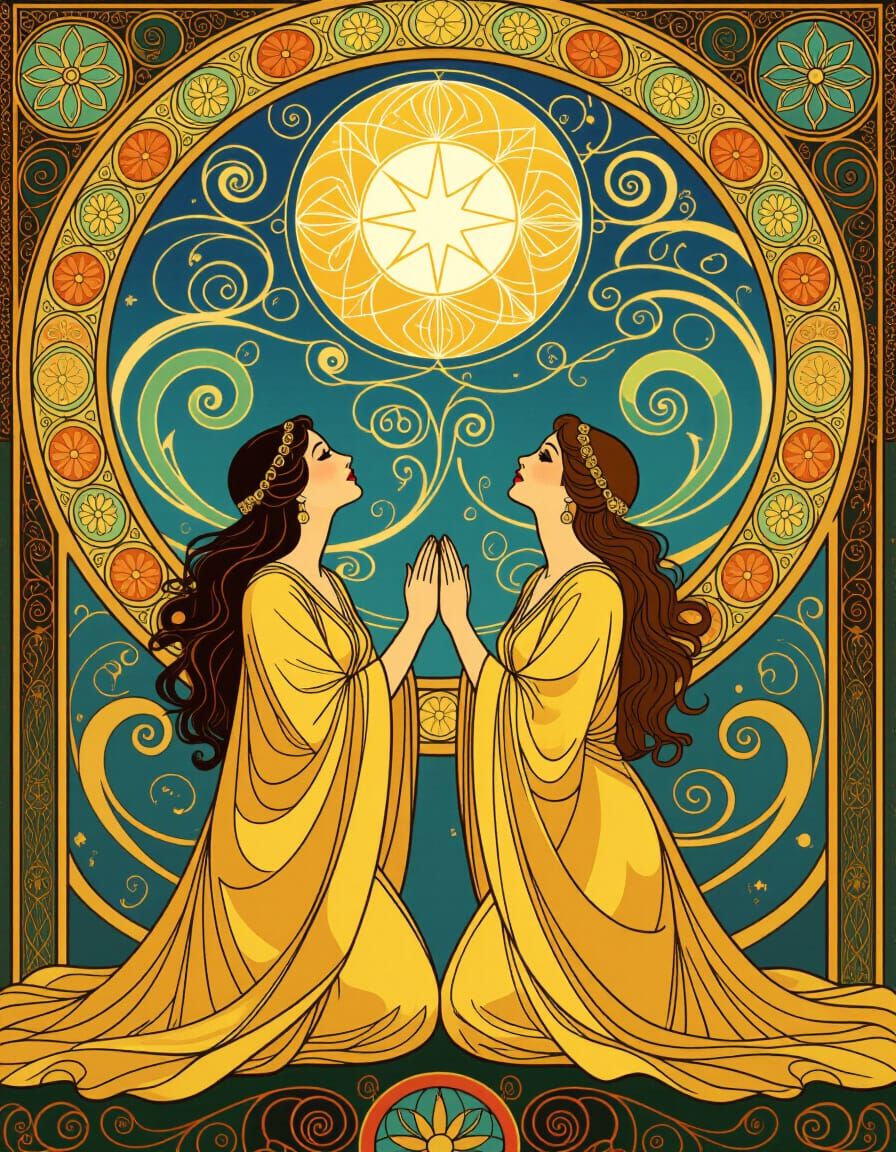 Two Women in Golden Robes Gazing Skyward, Gustaf Klint Style