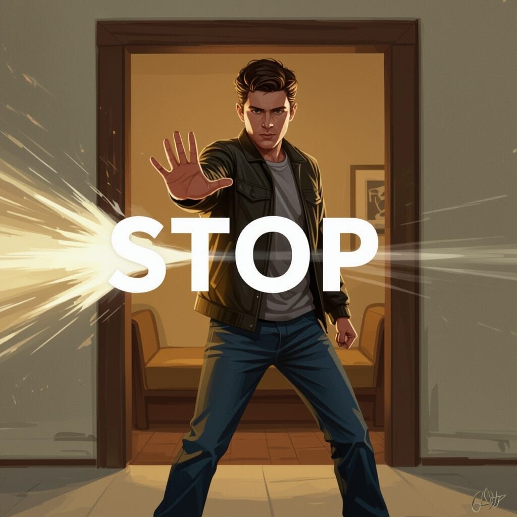 Man Stops Invisible Force: Dramatic Illustration