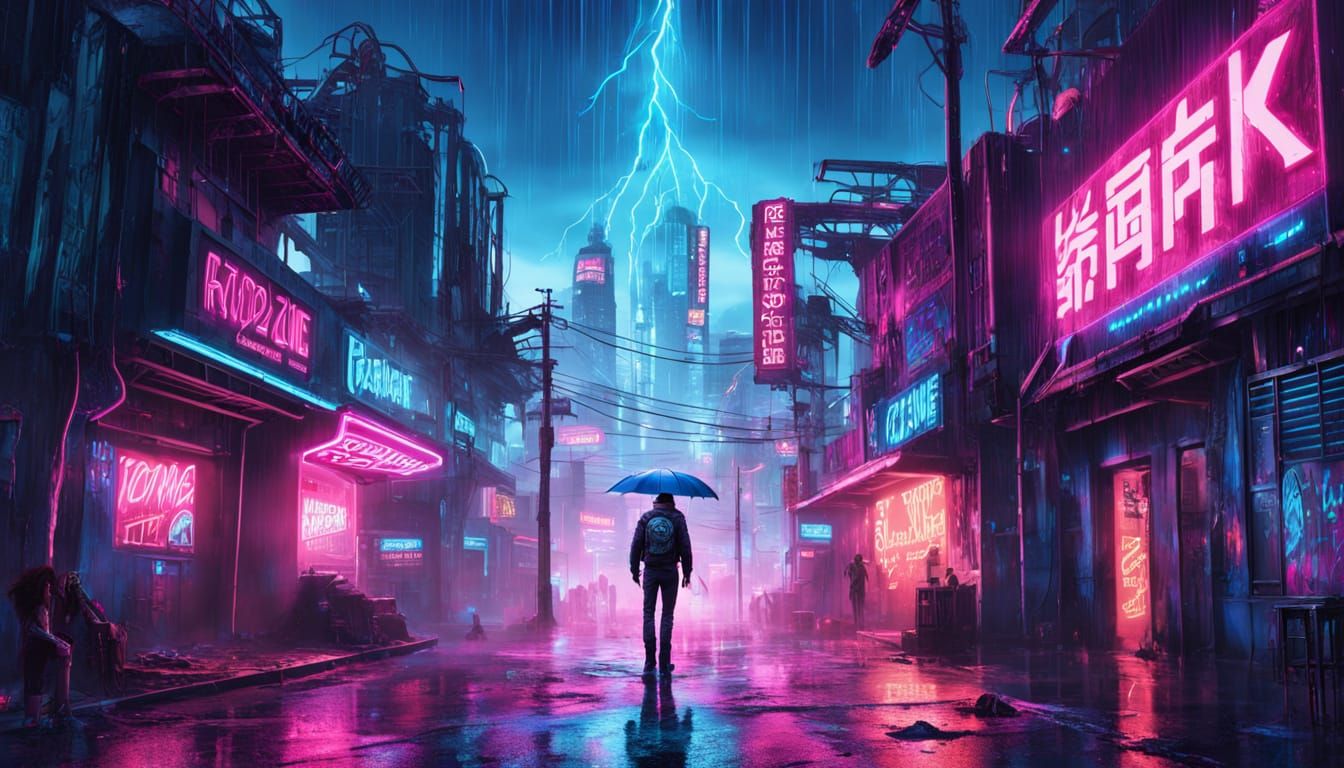 Neonpunk Zombie in Ruined City Street