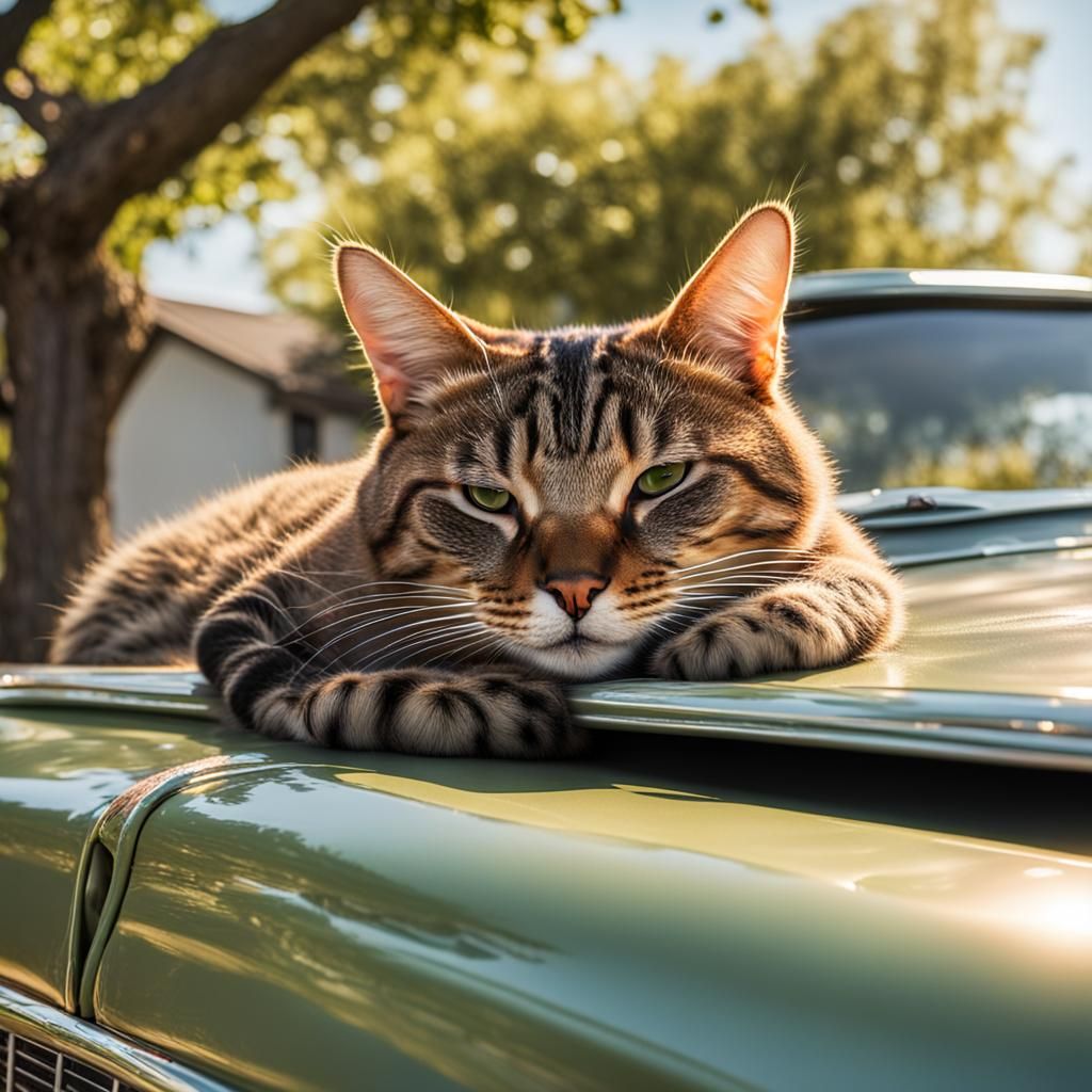 Tabby Cat Napping on Classic Car
