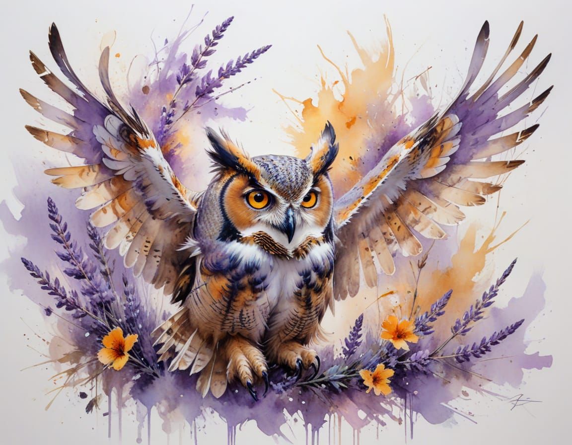 Great Horned Owl in Watercolour Dive