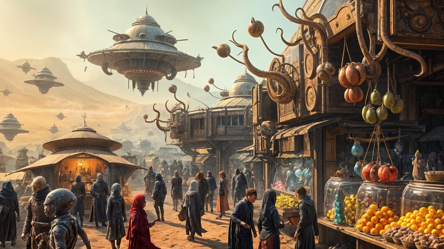 Bustling Alien Market on Desert Planet: Digital Matte Painti...