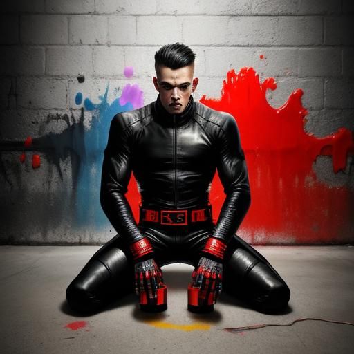 Muscular Man in Leather Biker Suit in Dungeon: Graffiti Art