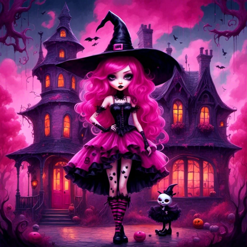 Whimsical Witch with Pink Hair in Fantasy Illustration