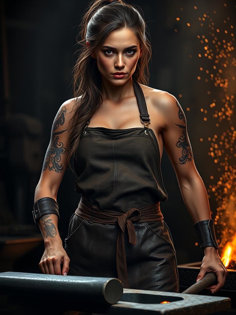 Blacksmith Woman in Dimly Lit Forge, Digital Art