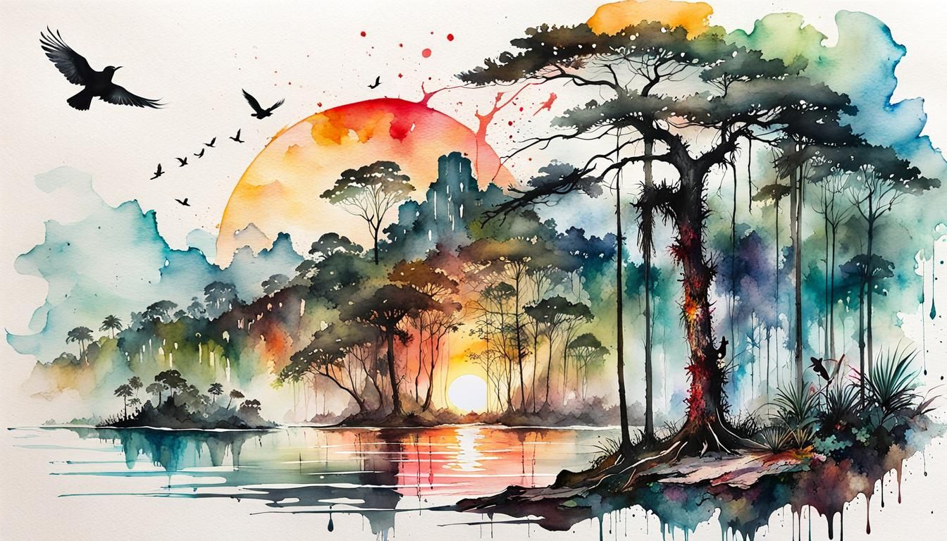 Rainforest Dawn: Watercolors with Rippled Reflections