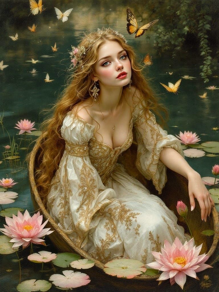 A Medieval Woman in Pre Raphaelite Style with Dragon Compani...