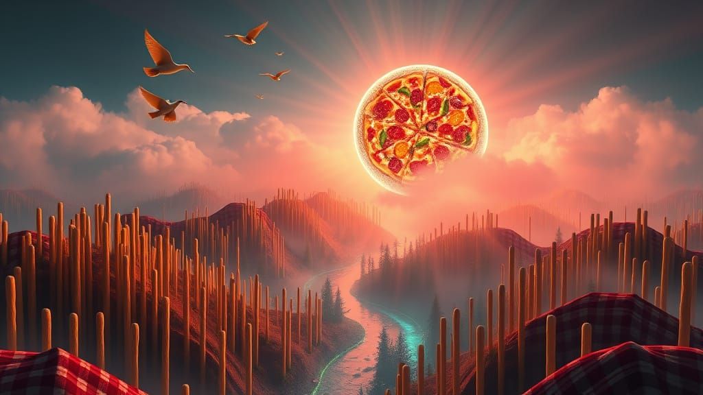Glowing Pizza Orb Over Breadstick Forest in Stained Glass St...