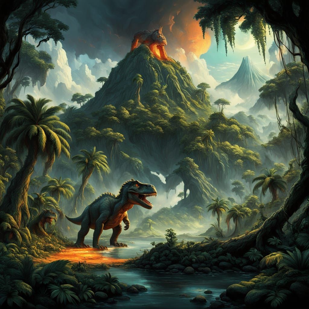 Fantasy Island with Dinosaurs and Volcano