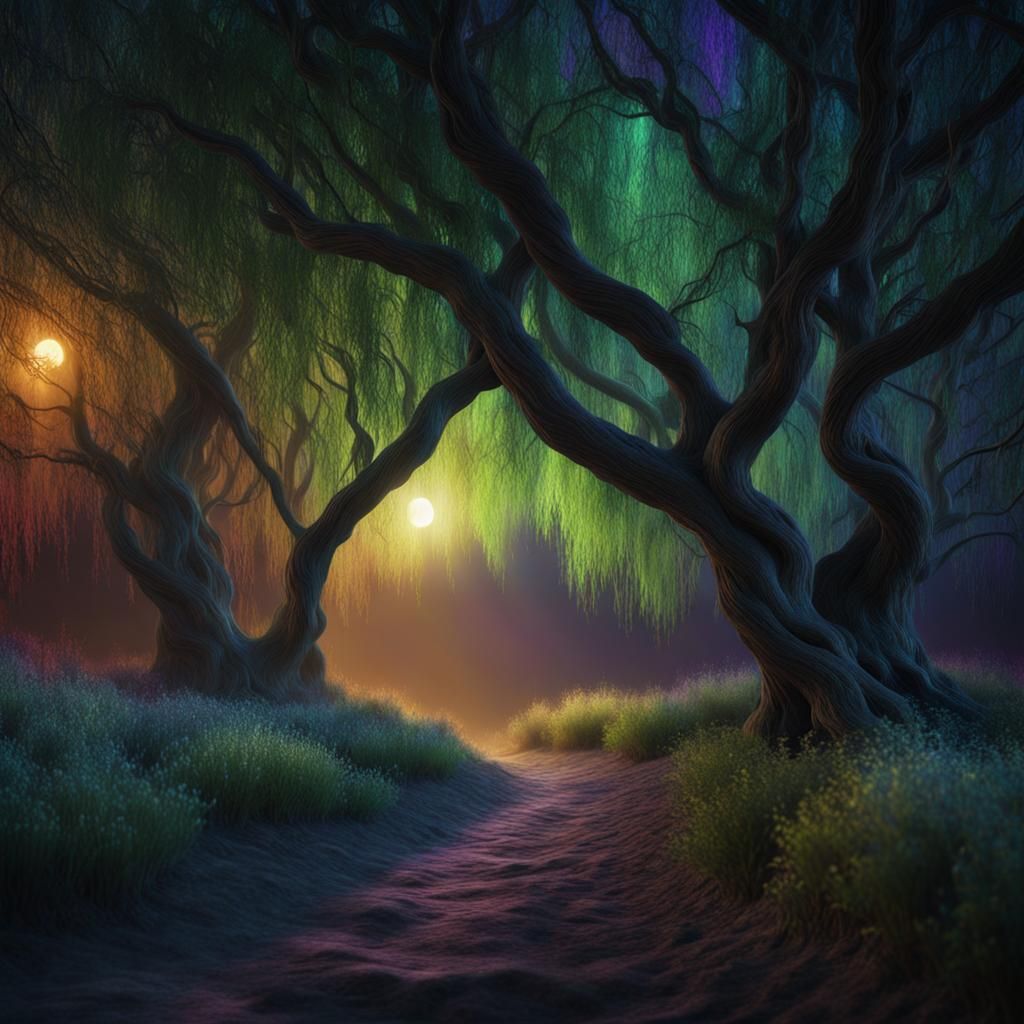 Enchanted Willow Forest in Dark Rainbow Moonlight