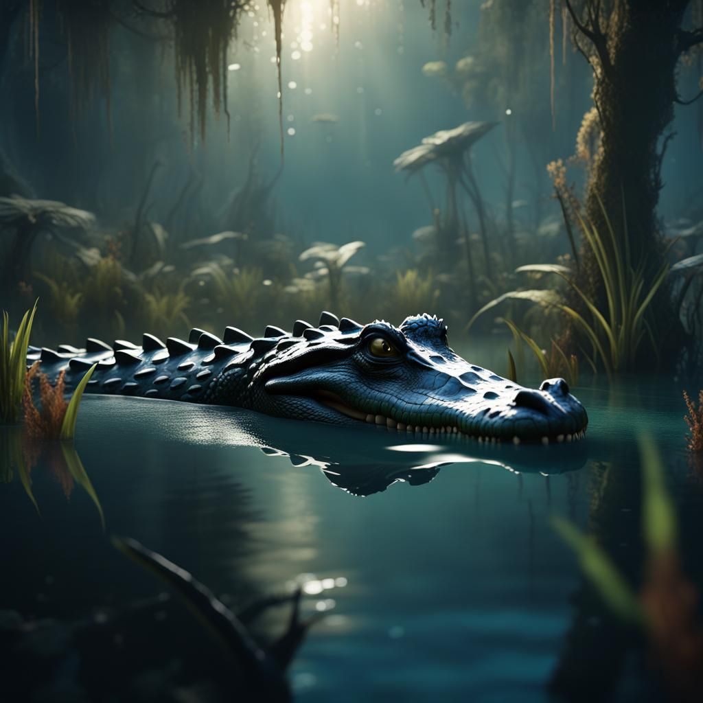 Alligator in Dark Swamp: Fantasy Concept Art