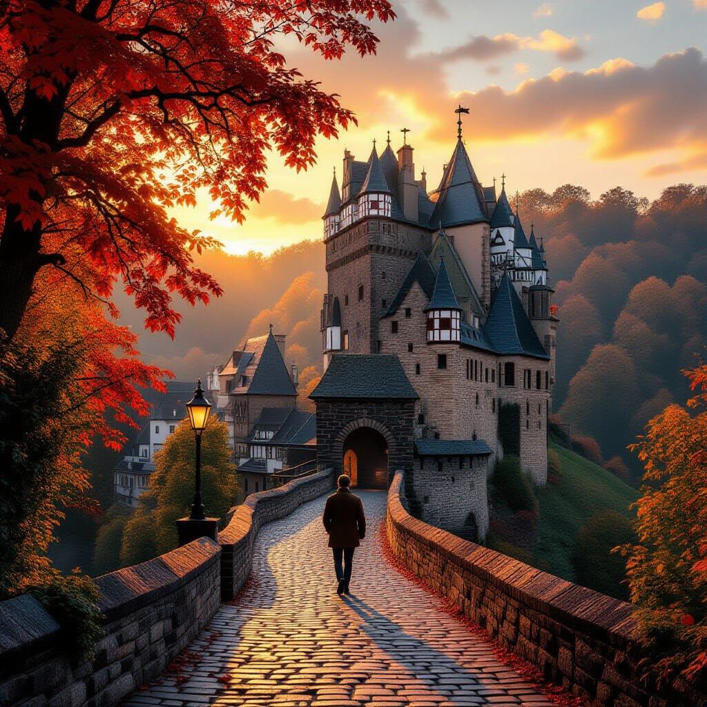 Burg Eltz Castle Village in Golden Hour Autumn Light