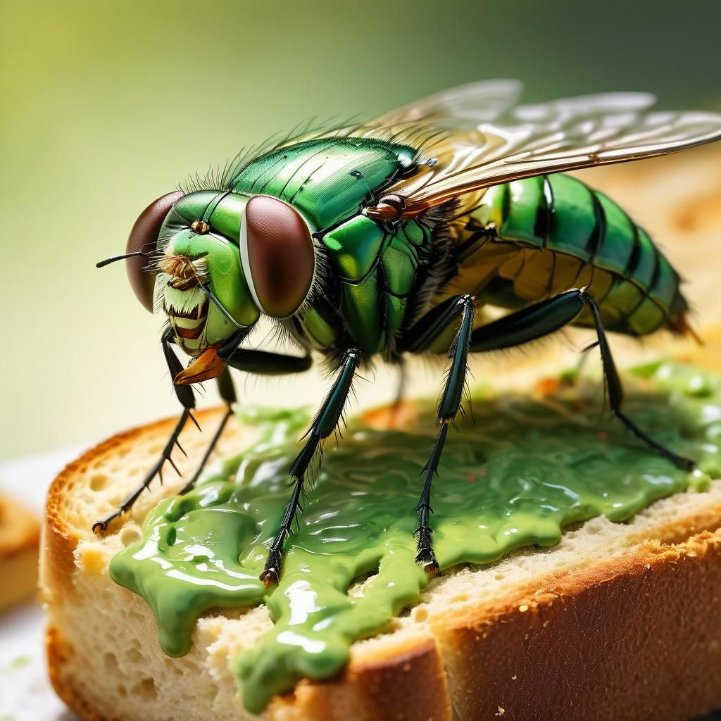 Green Fly on Bread in Gouache Watercolor