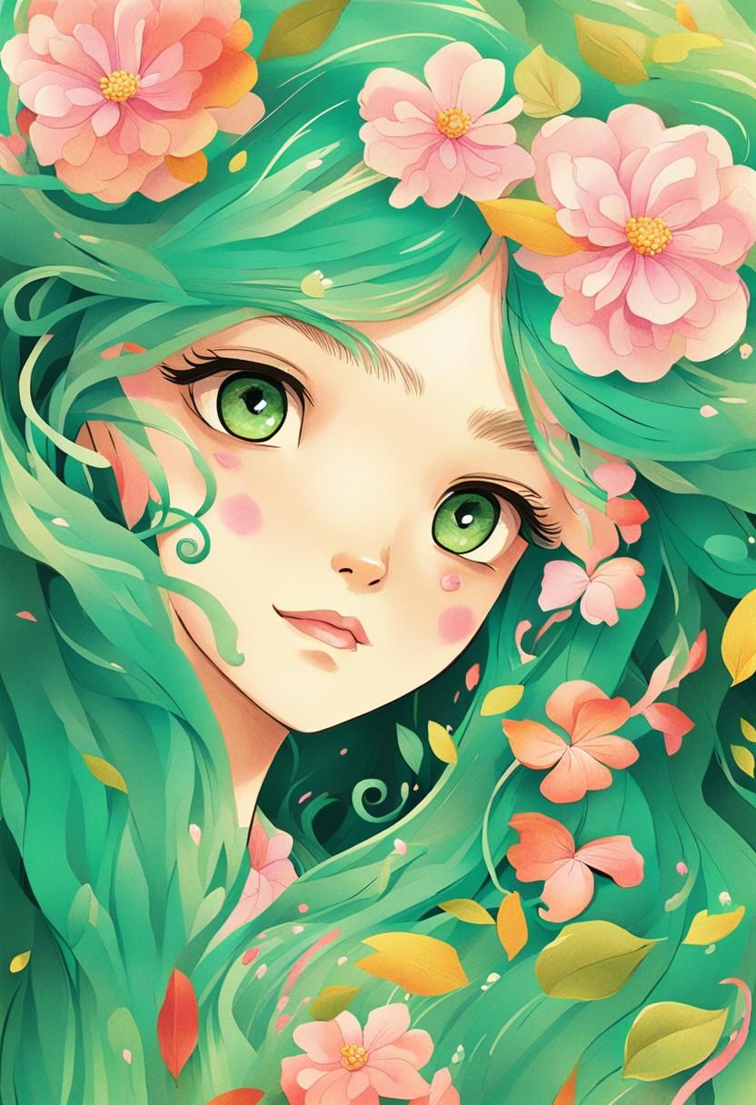 Green-Haired Girl in Flower Dress: Manga Illustration