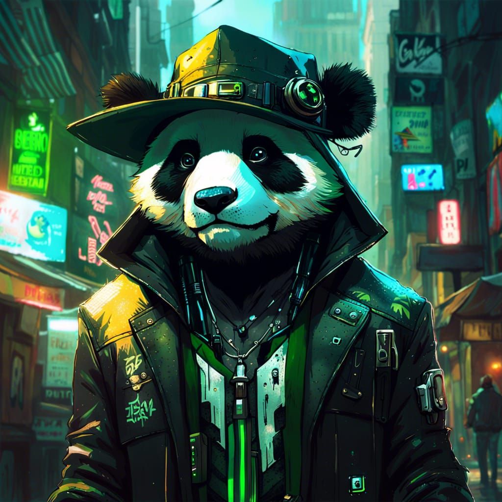 Cyberpunk Panda in City Alley with Lightning