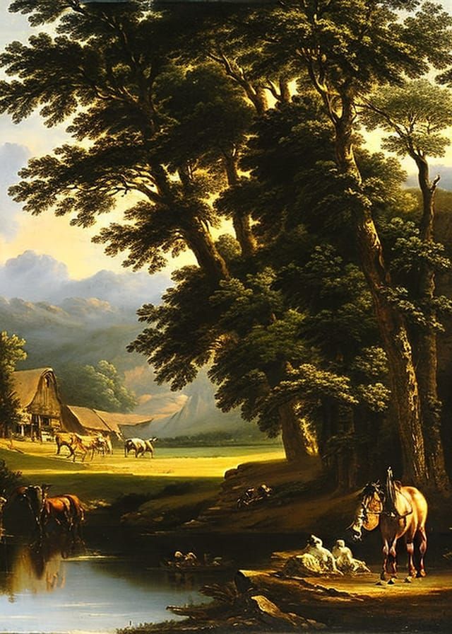 Detailed Landscape with Village in Classical Style