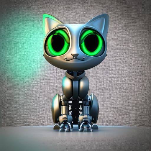 Techno Robot-Cat with Emerald Eyes as 3D Art