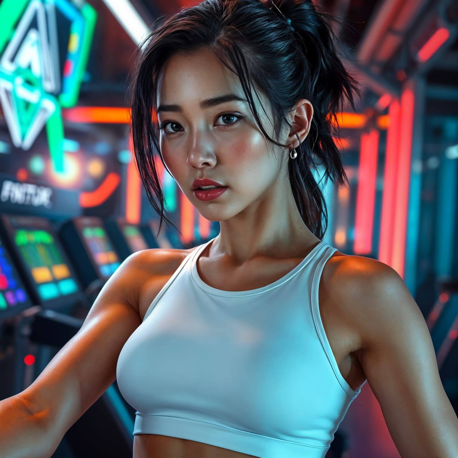 Woman Exercises in Futuristic Gym, Digital Art