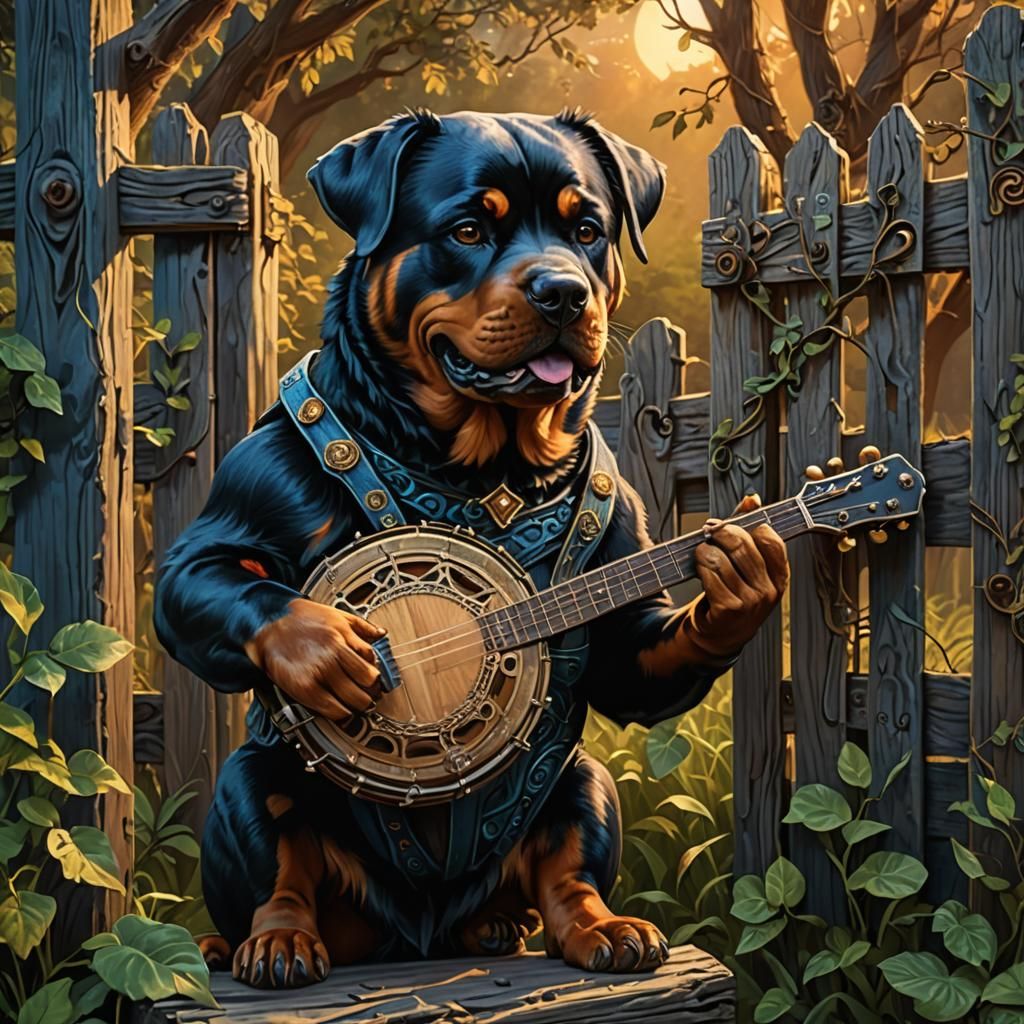 Rottweiler Plays Banjo in Fantasy Matte Painting