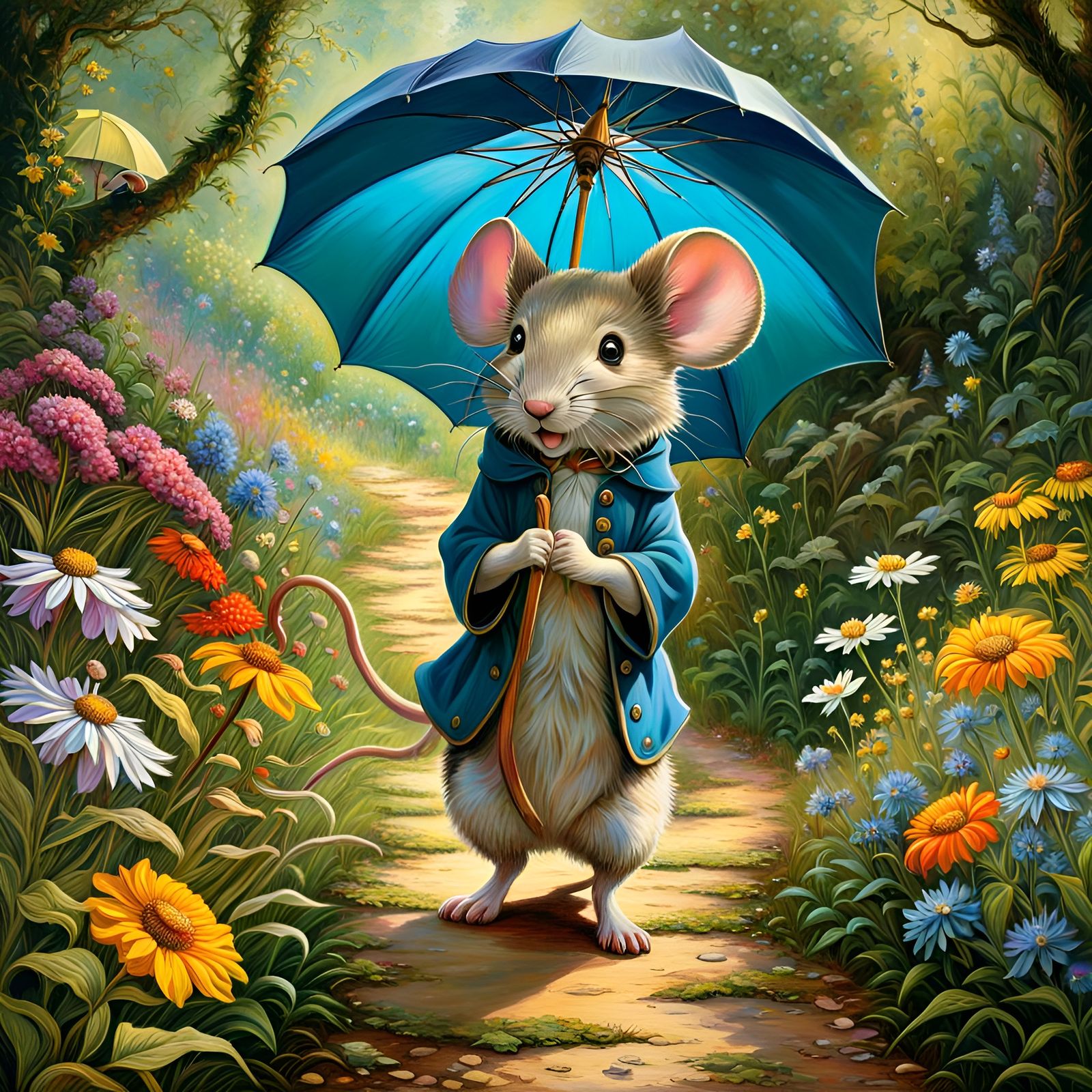 Anime Mouse on Wildflower Path as Folk Art