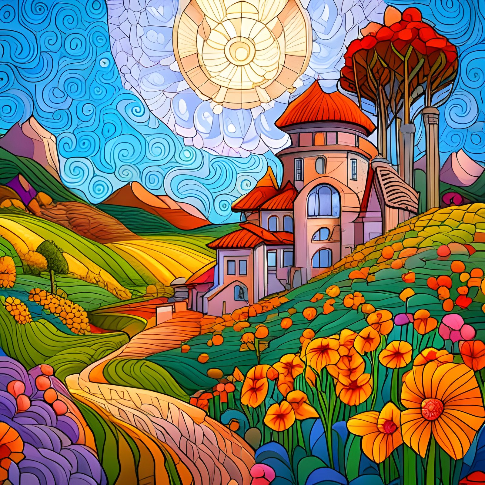 Harmonious Flowered Meadow in Art Deco Stained Glass