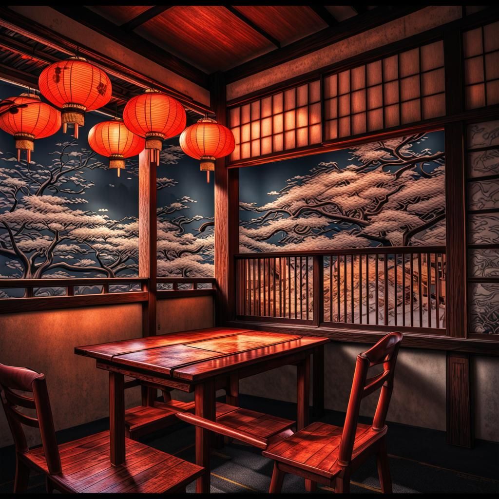 A Restaurant with a wall print view