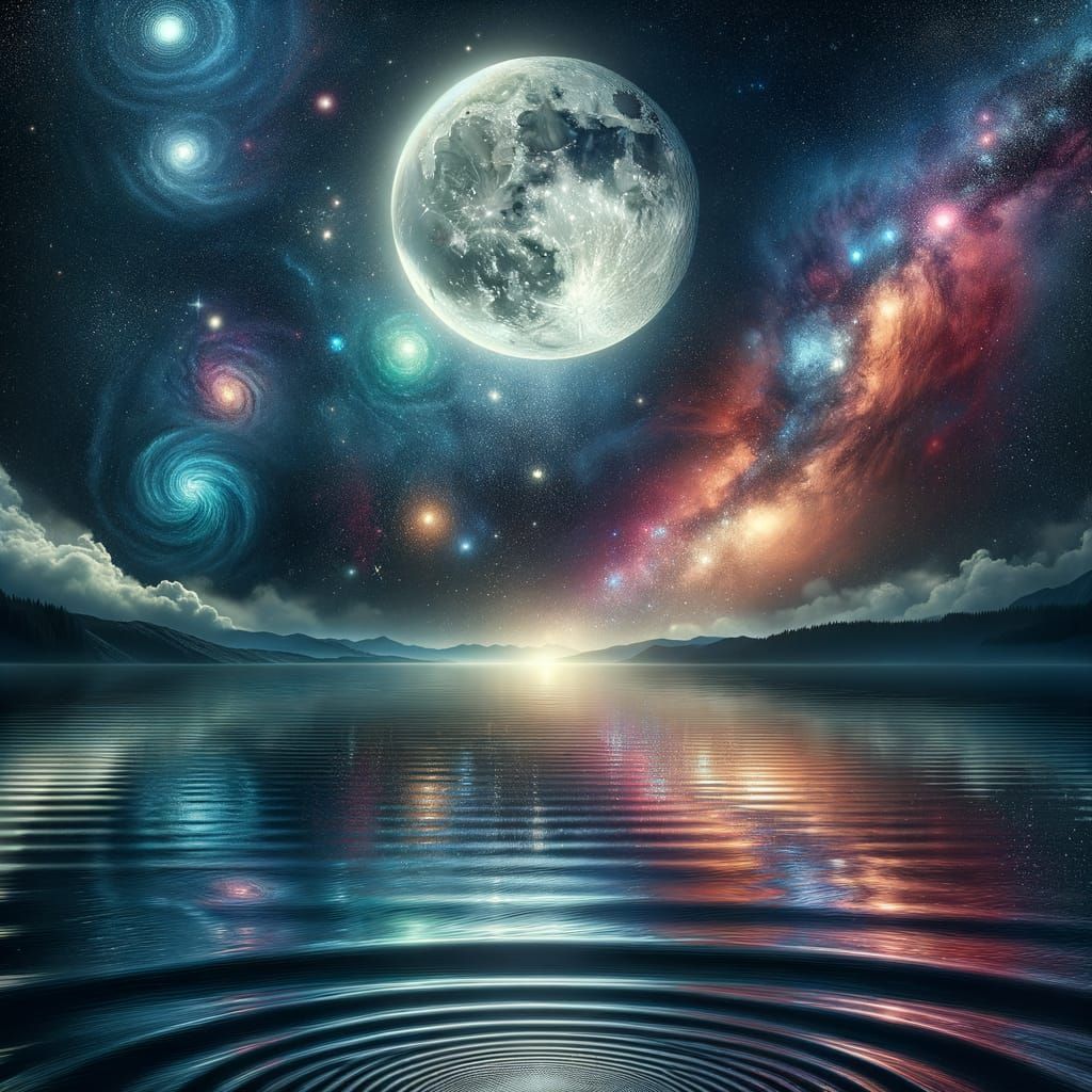 Celestial Serenity: Full Moon Over a Calm Galaxy-Themed Sea