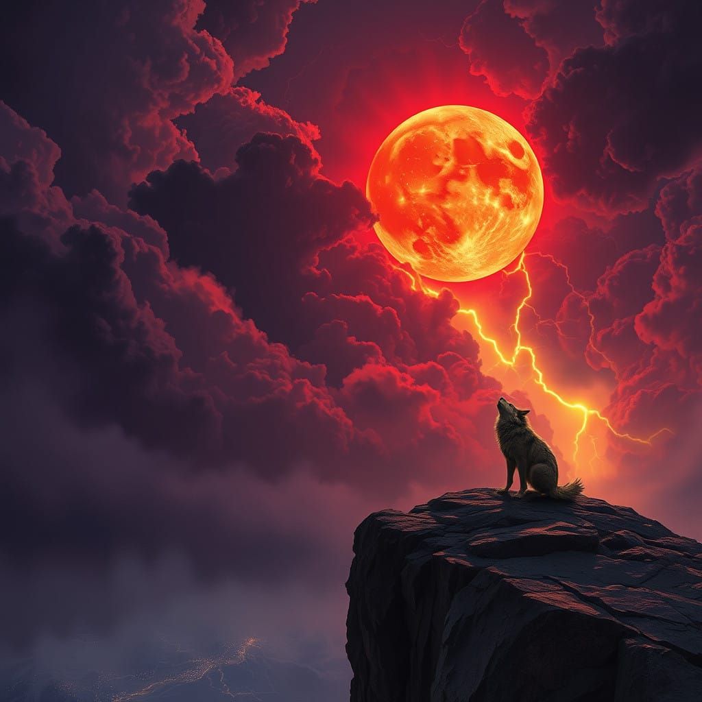 Ethereal Wolf Howls at Blood-Red Moon in Dark Fantasy Master...