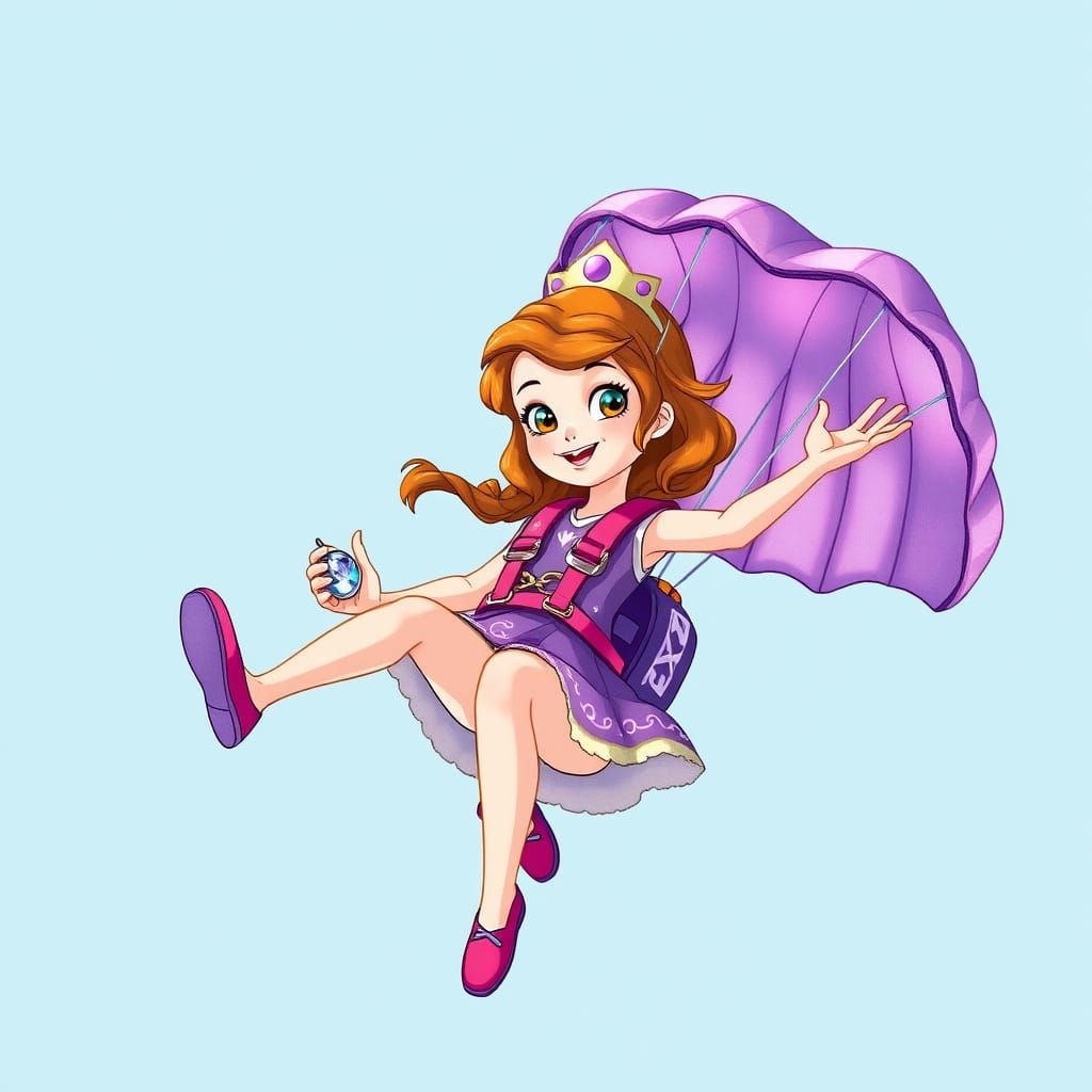 Princess Sofia Skydiving, Miyazaki-Inspired Watercolor