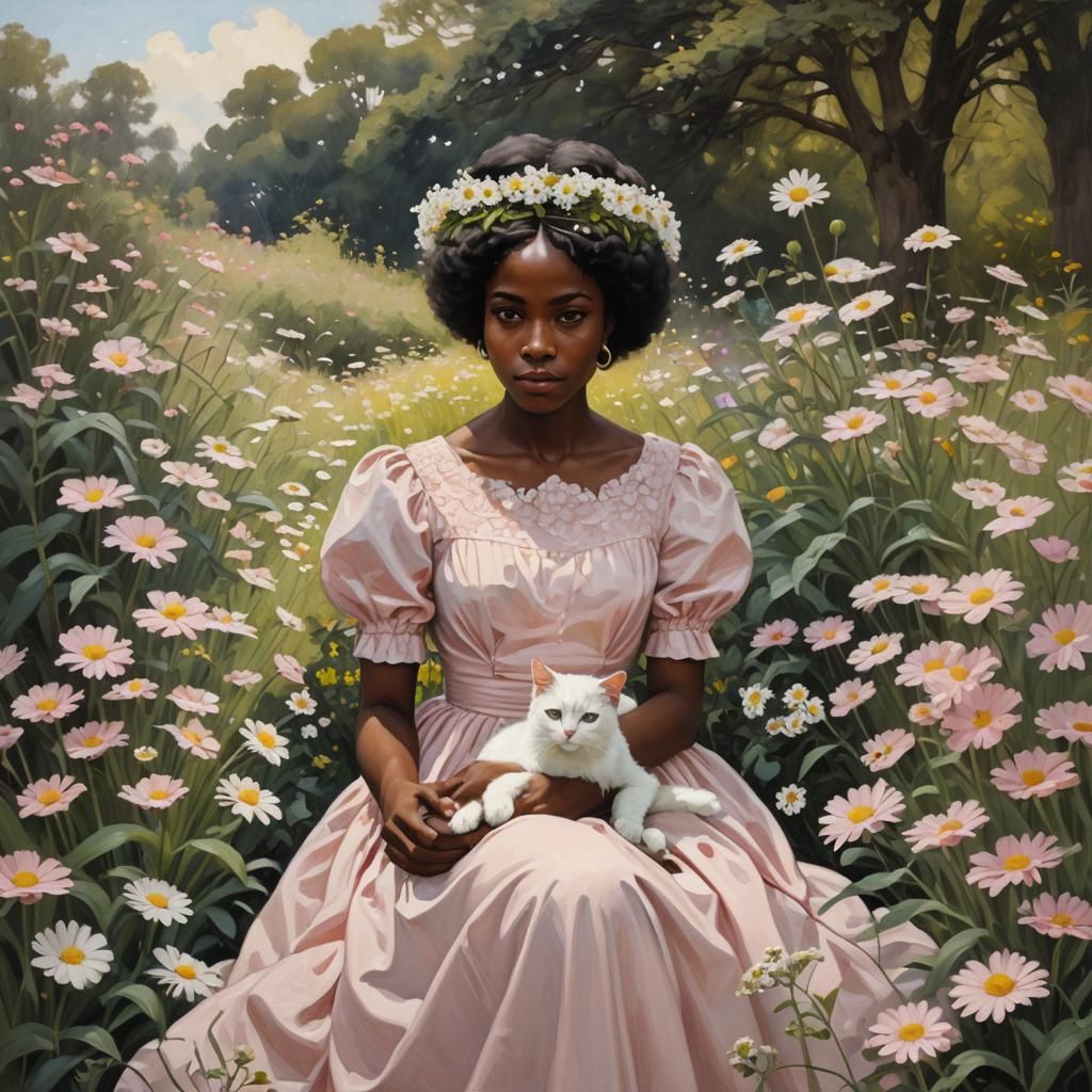Black Girl in Flower Garden, Oil Painting