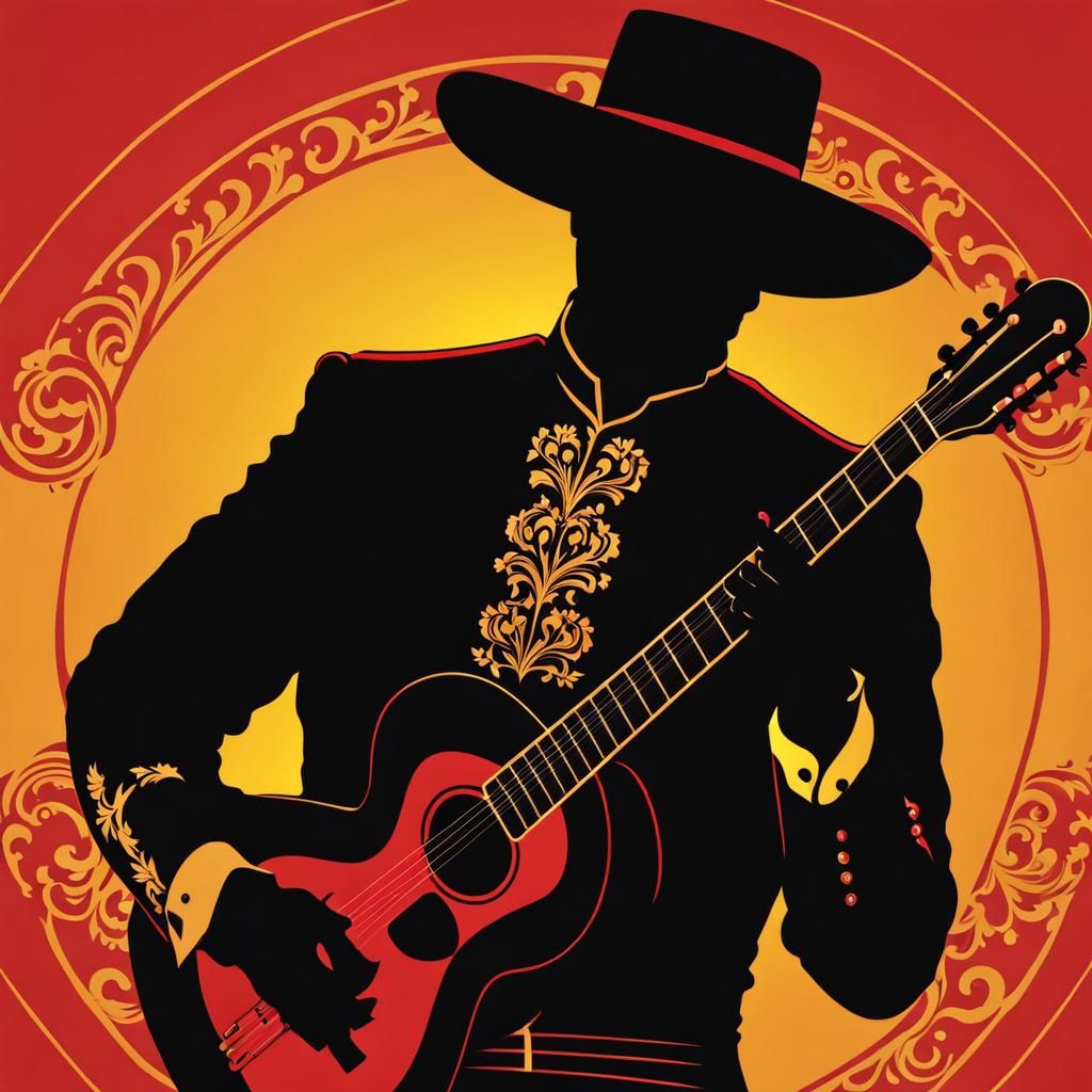 Zorro Mariachi Silhouette with Red and Yellow Colors