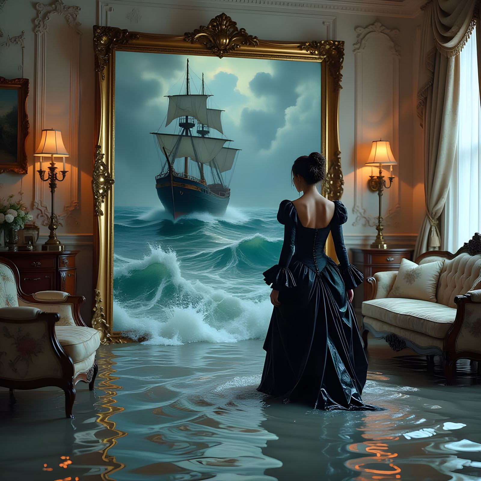 Surreal Flooded Room with Woman Emerging from Painting