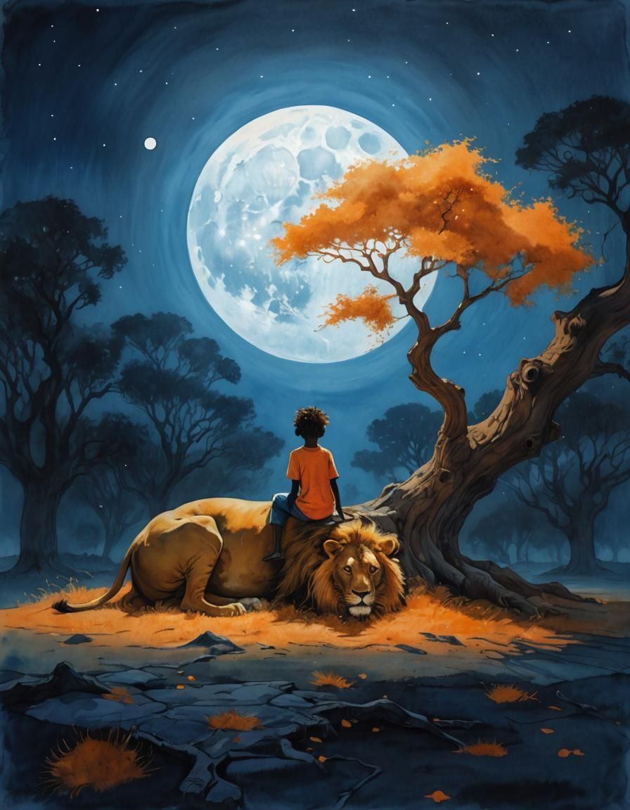 Surreal Scene of Boy and Lion Under Tree, in Vibrant Waterco...