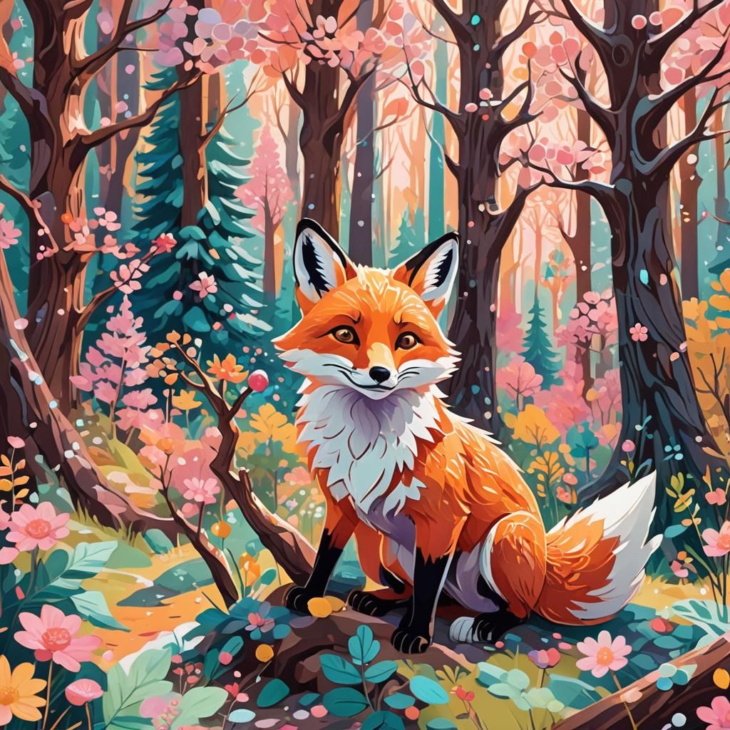Fox and Cub in Sugary Forest, Gouache Illustration