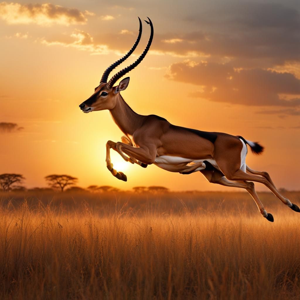 Impala leaping gracefully across the African savanna at sunset.