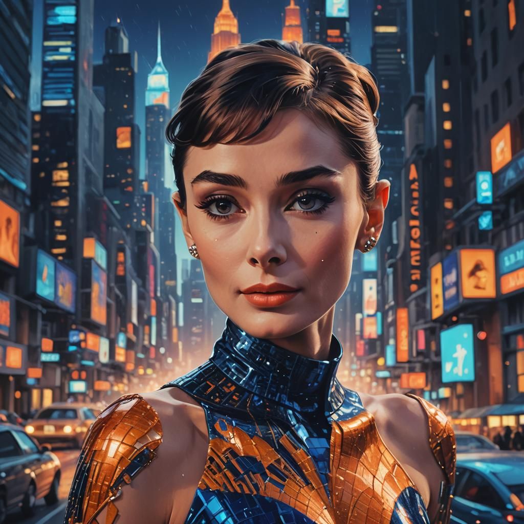 Futuristic Pop Art Portrait: Woman in Cityscape