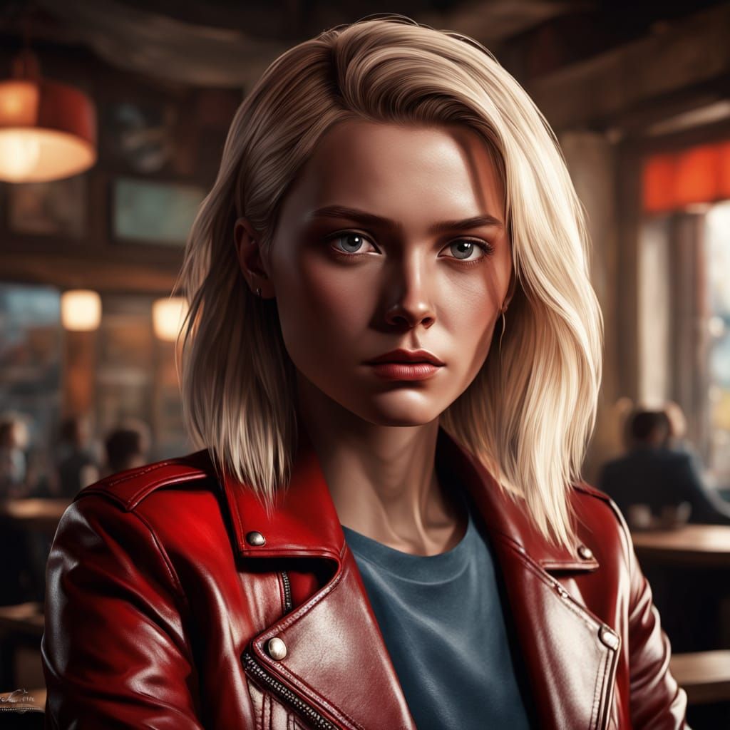 Beautiful Woman in Coffee Shop, Hyperrealistic Concept Art