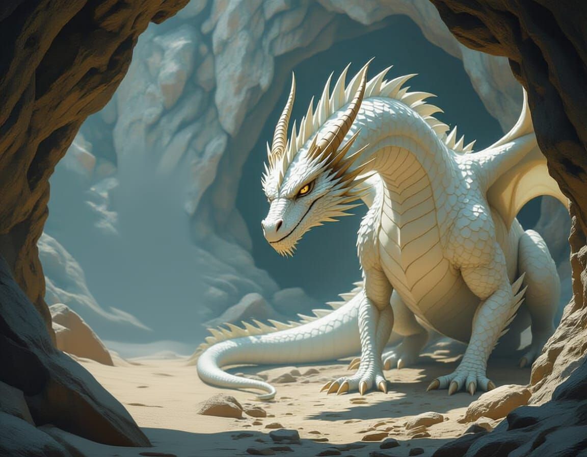 Man Confronts White-Gold Dragon in Cave, Photorealistic Styl...