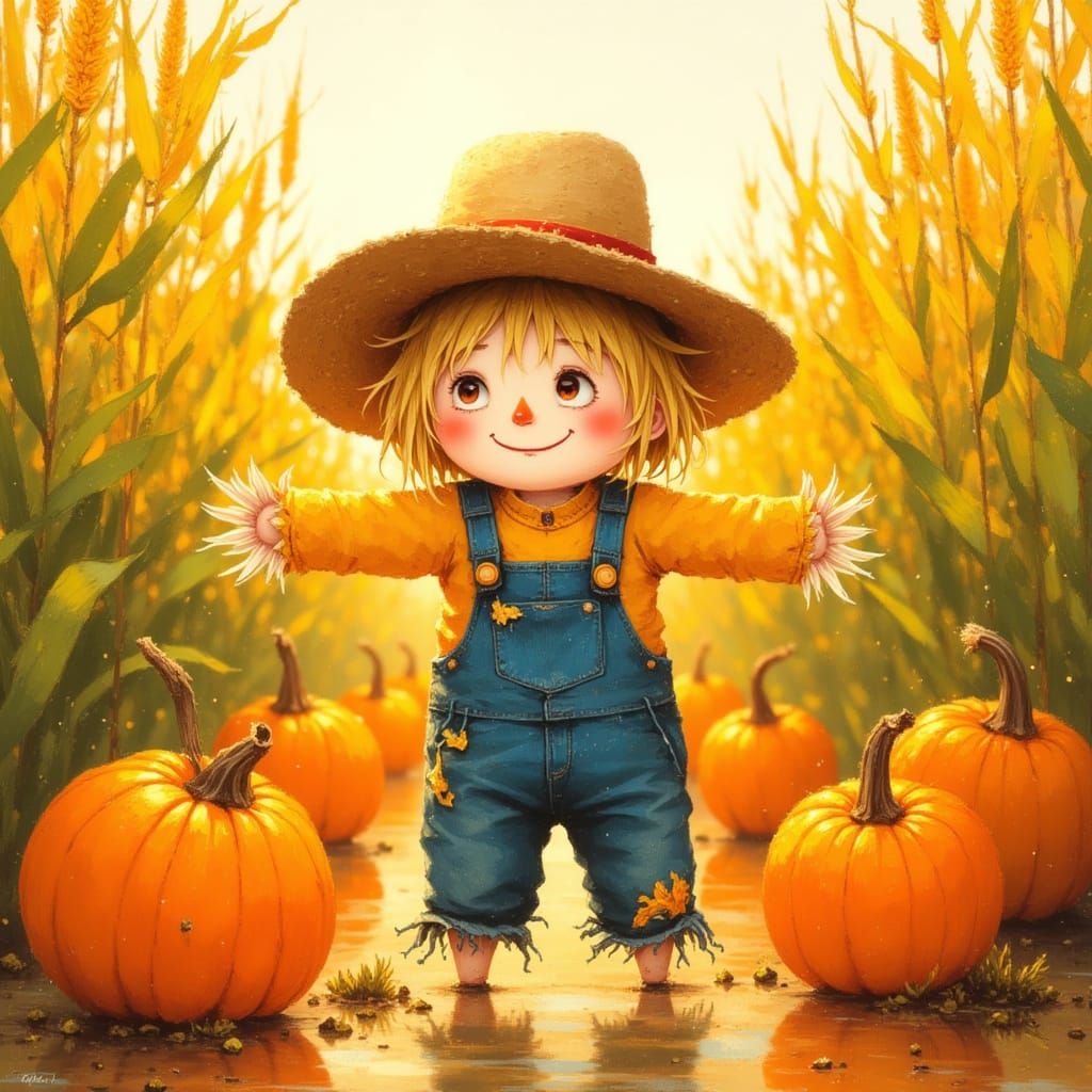 Chibi Scarecrow at Harvest Festival With Pumpkins and Corn