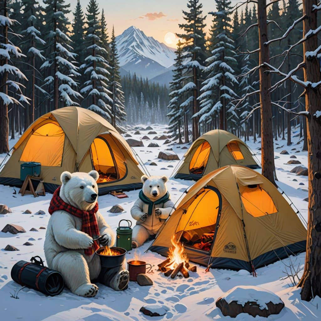 Winter Bears Enjoying a Snowy Camping Getaway
