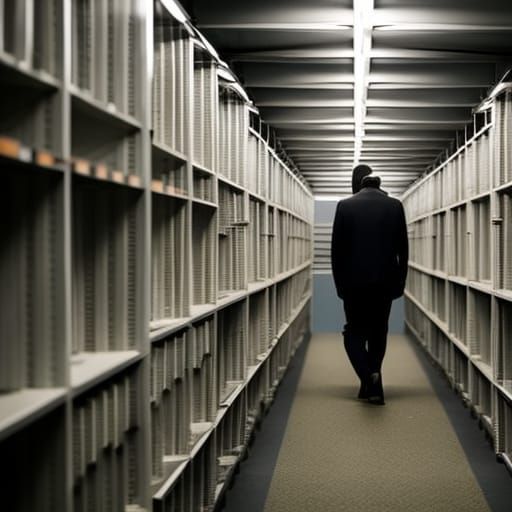 Faceless Man Lost in Cyberpunk Office Maze