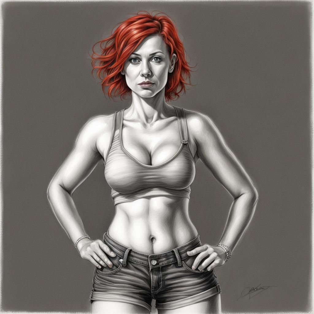 Hyperdetailed Charcoal Drawing of Red-Haired Woman