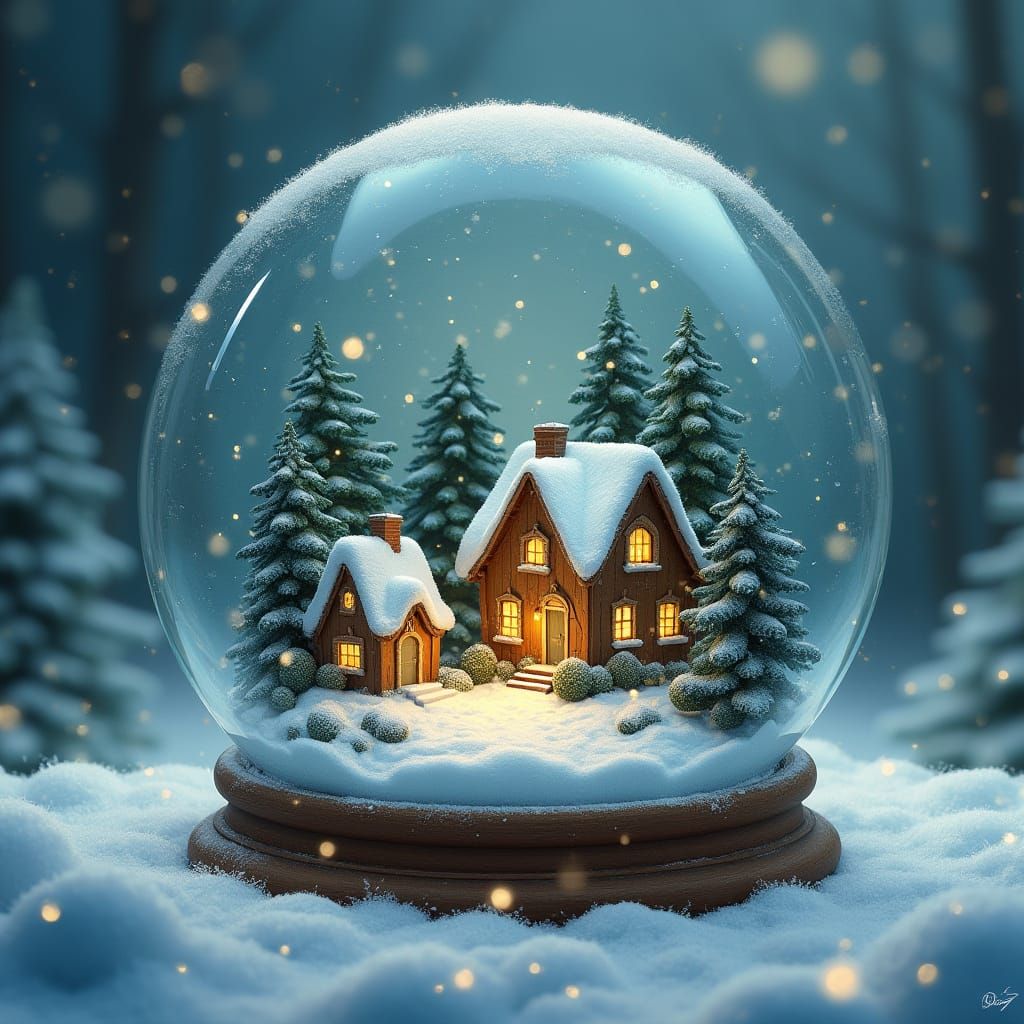 Enchanting Village in a Snow Globe, Storybook Style