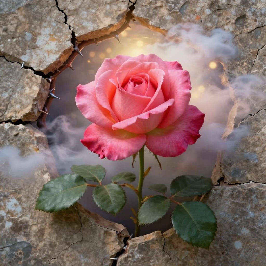 Rose Blooms Through Stone Wall in Divine Light