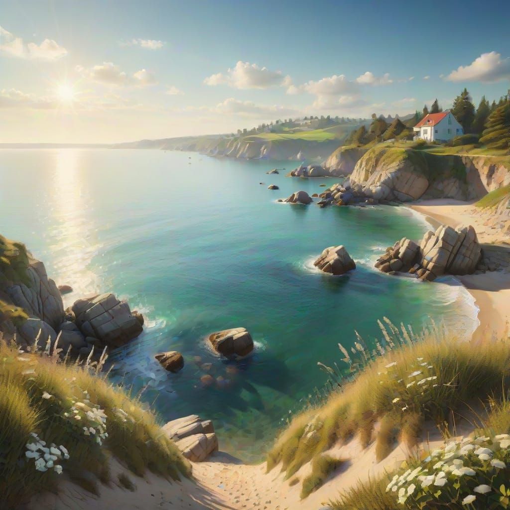 Dreamy Summer Coastal Landscape in Soft Sunlight