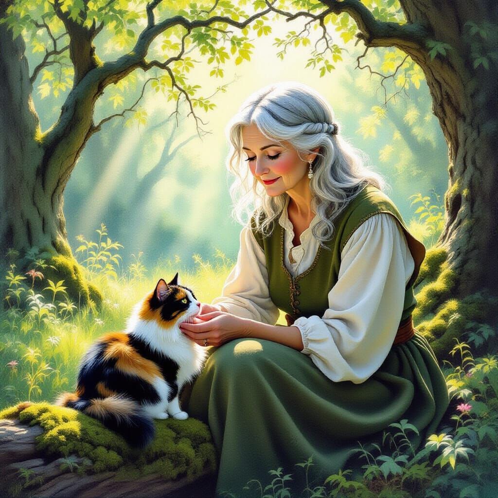 Elderly Woman and Cat in Sun-Dappled Forest Gouache Painting
