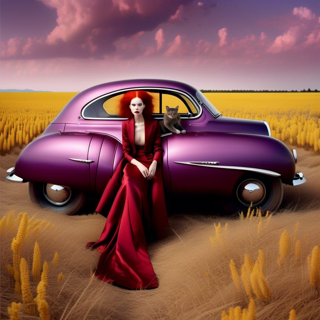 Woman in Plum Car with Alien Cat, Photorealistic Art