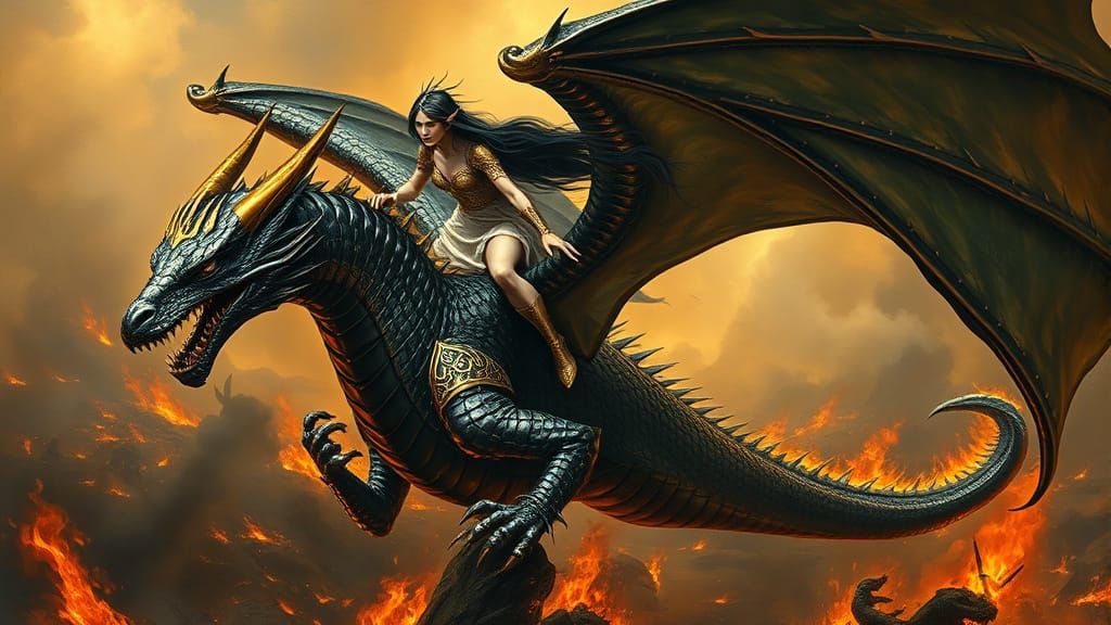 Ethereal Elf Rides a Majestic, Obsidian Dragon through a Sur...